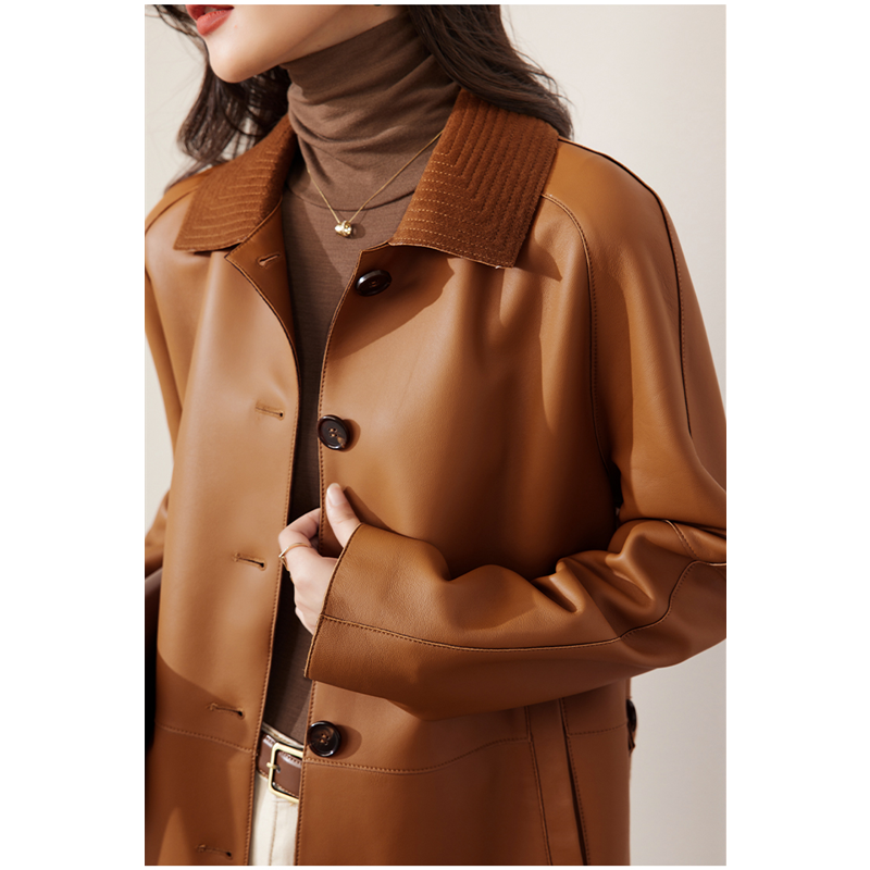 Comprimento médio Casaco de carneiro para mulheres, casaco de couro genuíno, colarinho de lapela, cinto, primavera, outono, ol moda