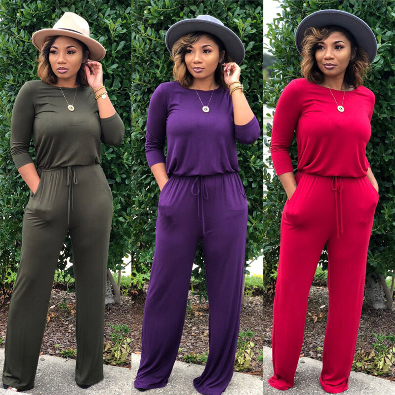 Women fashion soild color long sleeve loose casual jumpsuit female wide leg pocket rompers overalls long pants one piece outfit