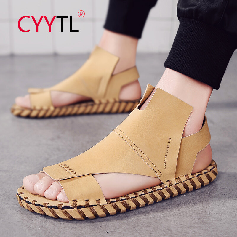 CYYTL Hommes mode plage sandales été en cuir bout ouvert chaussures plate-forme anti-dérapant pantoufles main Stiching Hommes Sapatos Masculino