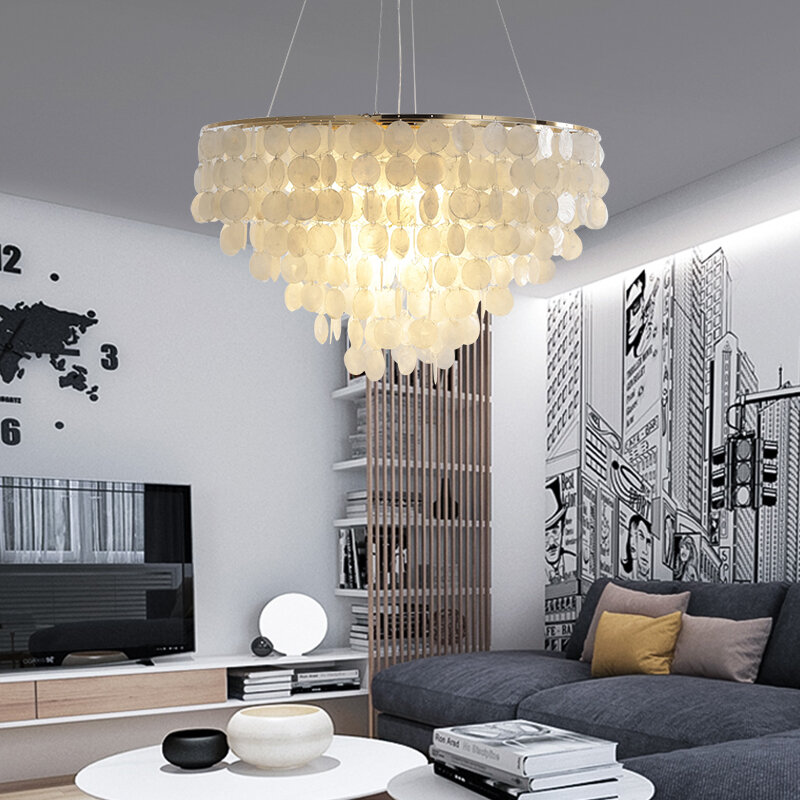 Lampe suspendue moderne en forme de coquille blanche, Luminaire décoratif de plafond en métal doré, réglable, idéal pour un Restaurant ou un hôtel