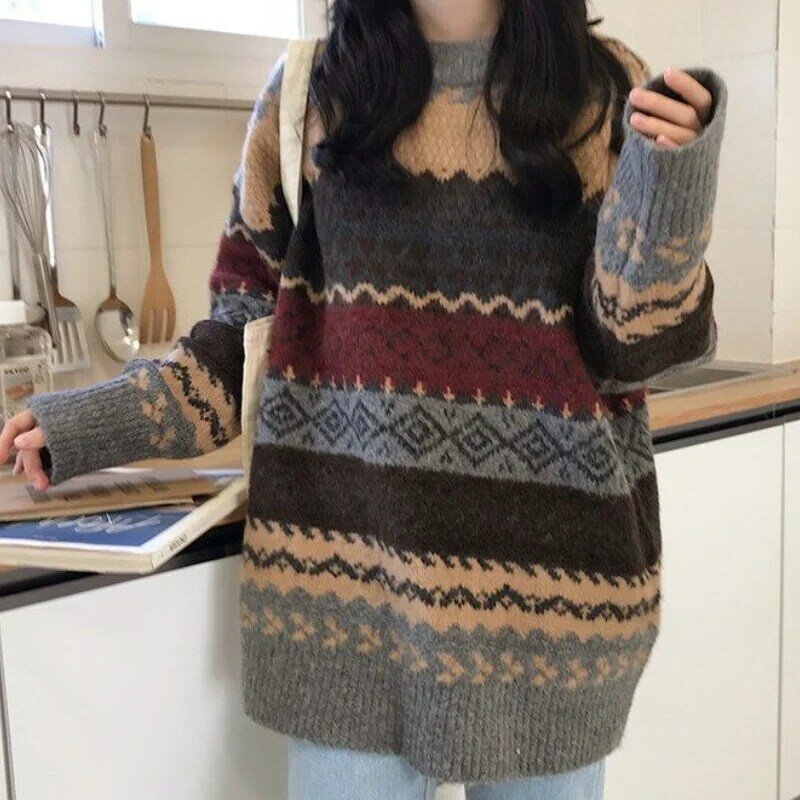 Maglioni Vintage Pullover da donna maglioni invernali a righe Pullover allentato in stile coreano maglieria maglione allentato Casual Pull Femme