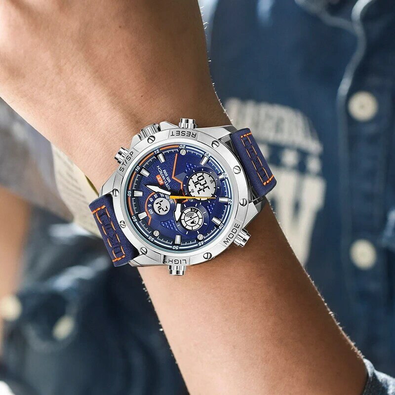 KT-Reloj de pulsera multifunción para hombre, accesorio de marca de lujo con movimiento de cuarzo, resistente al agua, militar, esfera grande, correa de cuero PU, regalo de moda