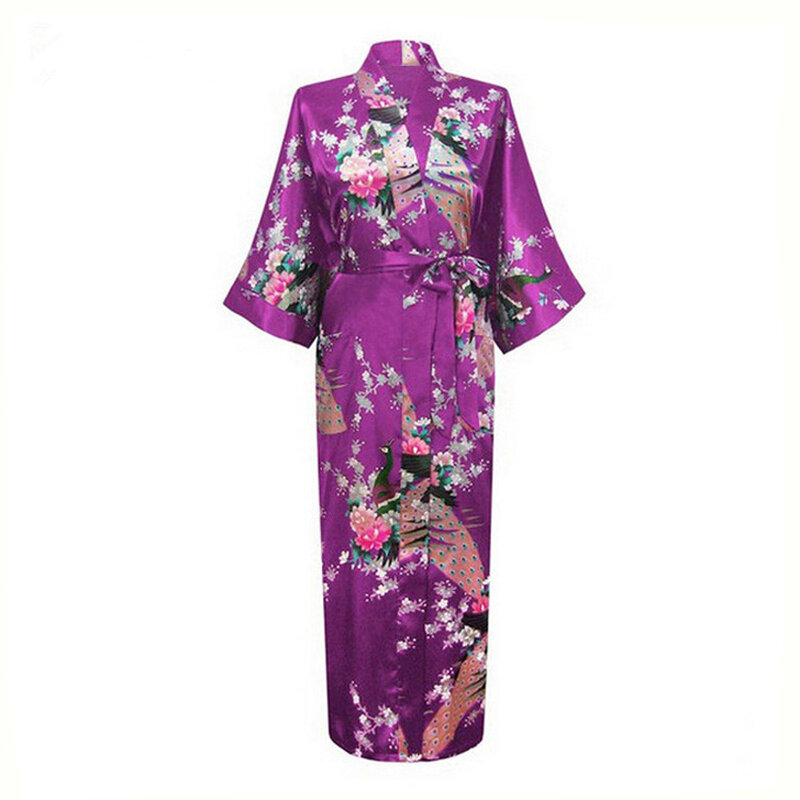 Mulheres pavão estampa cetim seda quimono vestido, camisola japonesa, noiva e madrinha robe, quimono sexy, Yukata roupão de banho, vestido de casamento