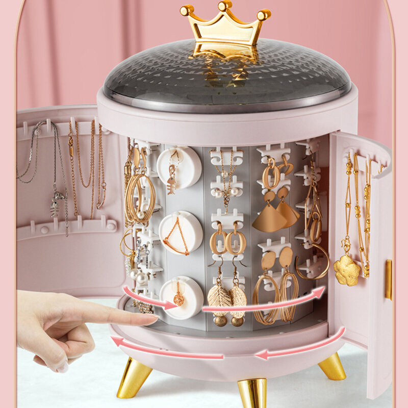 Coroa 360 rotativa jóias organizador brinco anel de exibição caixa de armazenamento cosméticos colar desktop organizador 2022 dropshipping
