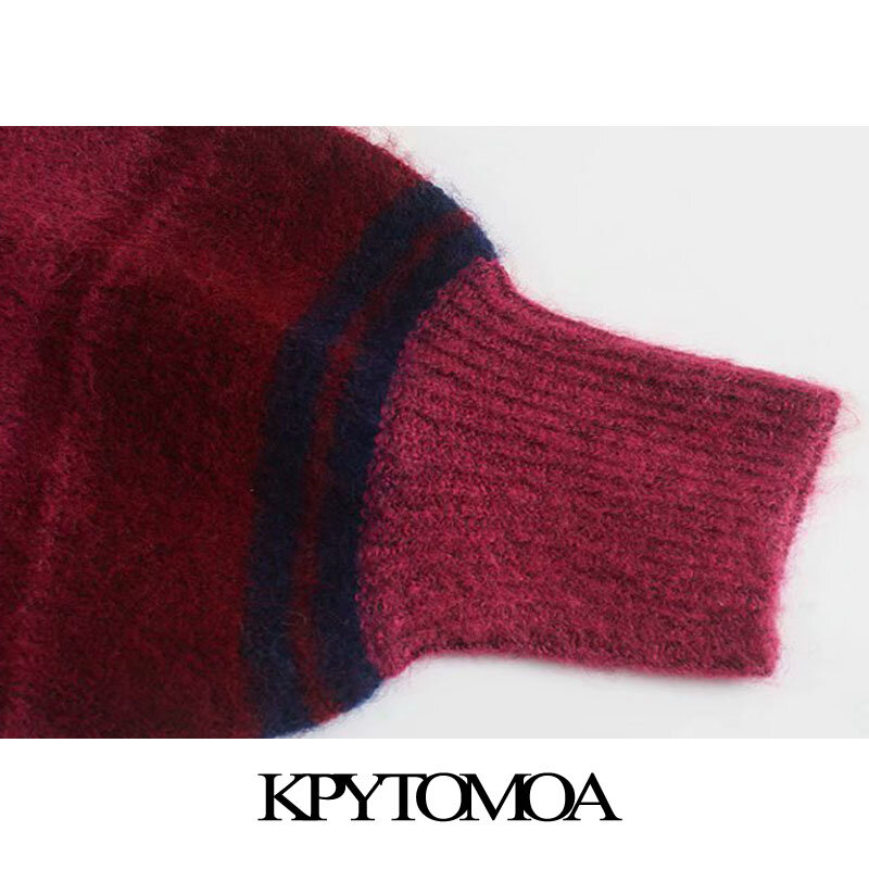 KPYTOMOA Women 2020 Fashion Color Striped Cropped Knitted Sweater Vintage O Neck Long Sleeve Female Pullovers Chic Tops