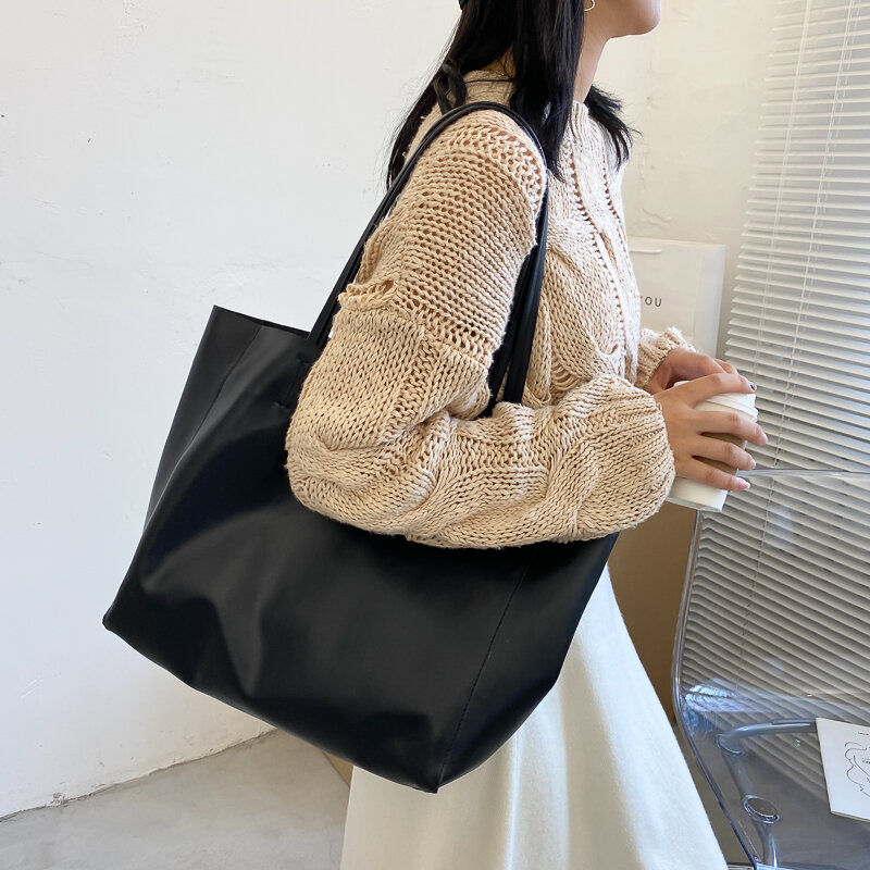 Сумка-шоппер женская из экокожи, модный вместительный классический саквояж на плечо, однотонная элегантная сумочка-тоут в корейском ретро стиле