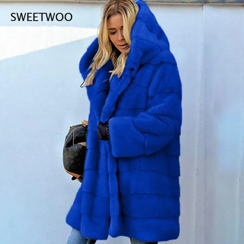European and American Mid-Length Solid Color Loose Plush Hooded Coat Faux Fur Autumn and Winter Warm Jacket