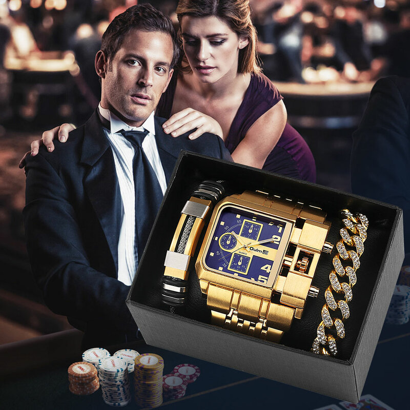 Top Brand Luxury Fashion Men Wristwatch Gold Stainless Steel Sport Square Digital Big Dial Quartz Watches Gift Set Reloj Hombre