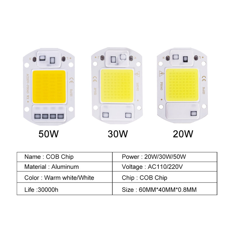 Chip LED de 20W, 30W, 50W, CA de 220V, lámpara COB inteligente, cuentas LED sin controlador, lámpara de bricolaje para exteriores, reflector de luz