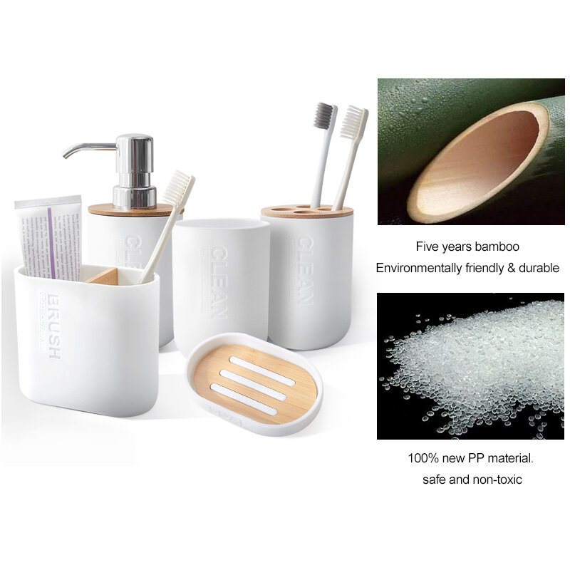 Juego de baño de bambú de 6 uds., soporte para cepillo de dientes, taza de cristal, dispensador de jabón, jabonera, accesorios de baño