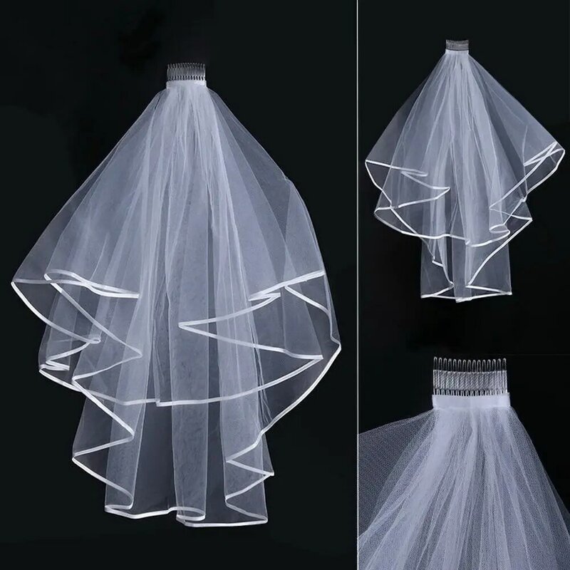 White Wedding Bridal Veil Tulle Bridal Veils with Comb Wedding Veils Lace Ribbon Edge For Marriage Wedding Accessories