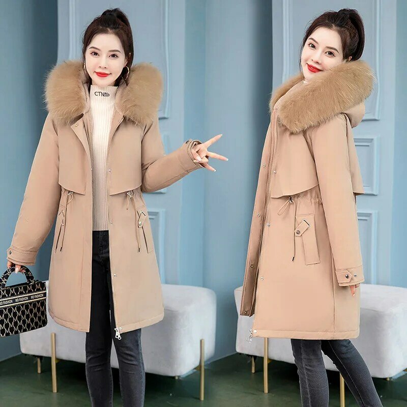 Зимняя куртка, одежда для женщин, корейские повседневные толстые парки, теплое пальто средней длины с капюшоном и меховым воротником, размеры до 6XL