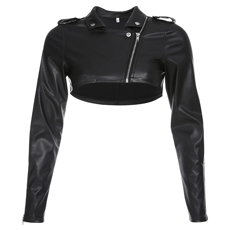 Chic Mulheres Lapel Collar Diagonal Zip Cuff Decor Micro Motorcycle Jacket Mulheres Outono Inverno Faux Soft Leather Jackets Coats