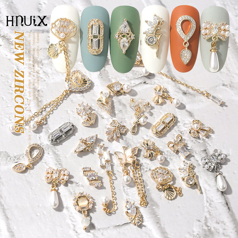 Hnuix-ネイルアート用3Dメタル,1ピース,ラインストーン,合金ジュエリー,タッセル,アクセサリー