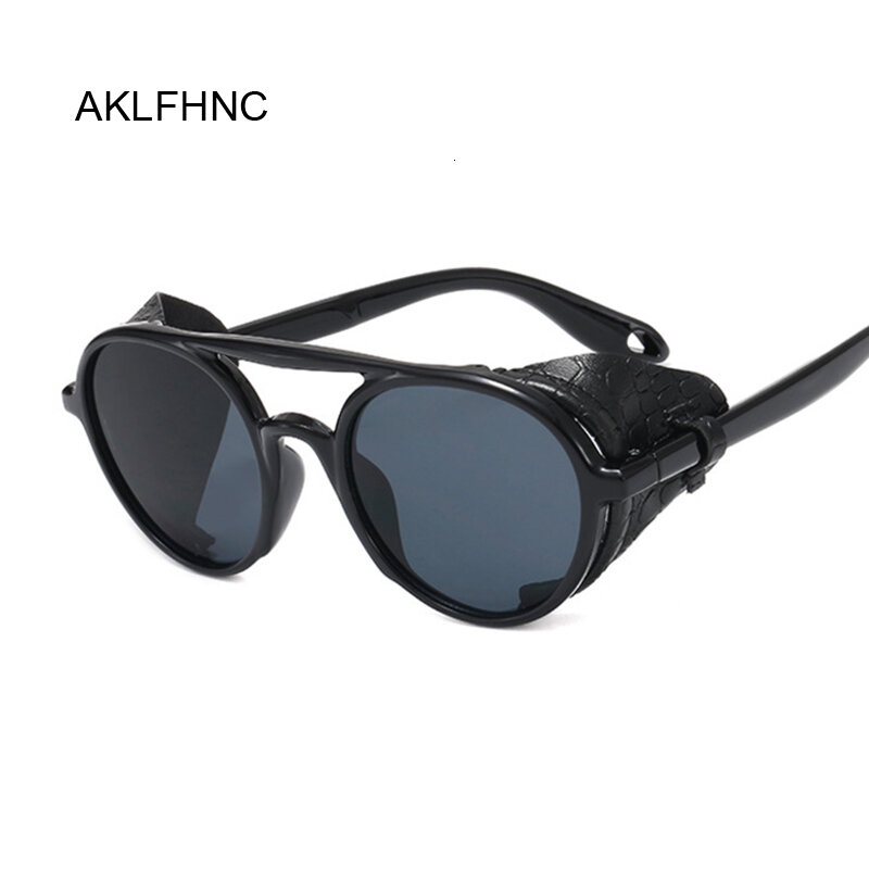 بولي Leather إطار جلد فاسق النظارات الشمسية للرجل 2019 العلامة التجارية الفاخرة الأسود Steampunk امرأة مستديرة خمر برشام زر نظارات شمسية الإناث