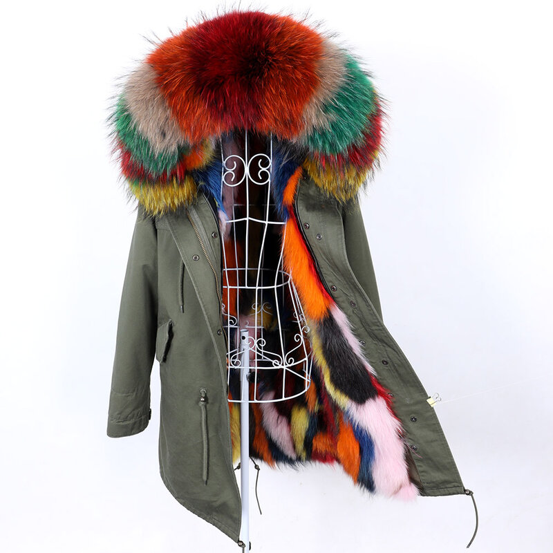 Maomaokong Jaket Mantel Bulu Musim Dingin Wanita dengan Warna Bulu Alami Patchwork Dilepas Bulu Rubah Asli Berjajar Parka Kerah Bulu Besar