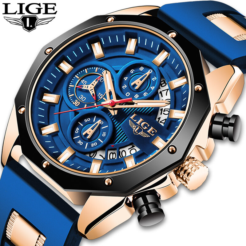 LIGE-Montre-bracelet de sport militaire Silicagel pour homme, chronographe, zones brunes, marque supérieure, mode décontractée, nouveau, 2023