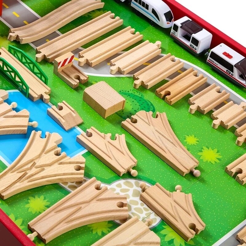 Wszystkie rodzaje drewniane pociąg kolejowy utwór akcesoria bukowe drewniane tory nadające się do Biro wszystkie marki drewniane tory kolejka zabawkowa dla dzieci