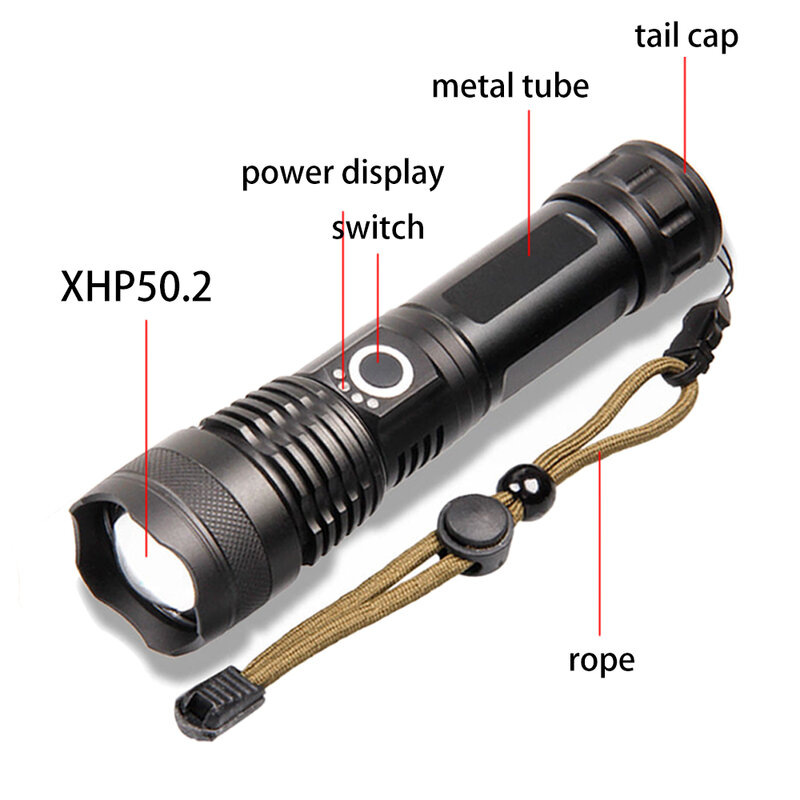 XGardens-Lampe de poche étanche aste USB, torche LED Zoom, lanterne pour camping en plein air, batterie 18650 ou 26650, 50.2, la plus injuste