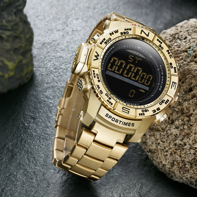 Mizums chronograph ouro dos homens relógios led relógio digital do esporte para o homem banda de aço inoxidável alarme masculino relógio de pulso à prova dwaterproof água