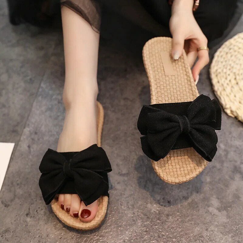 Sandalias con lazo para mujer, chanclas de suela plana a la moda, zapatos de interior, talla 36-40, novedad de verano