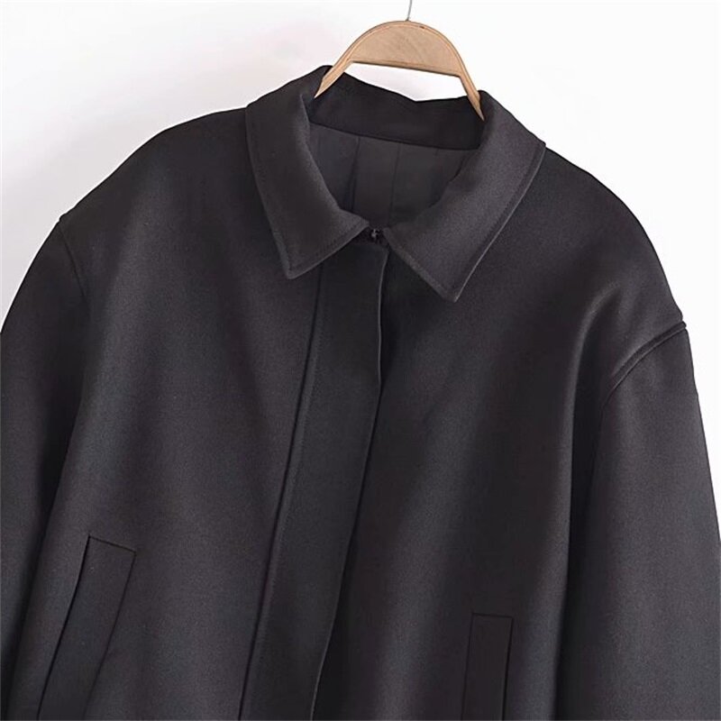 Zxqj feminino 2023 moda cor sólida bolso decorativo curto jaqueta vintage manga comprida casual bombardeiro feminino casaco chique topo