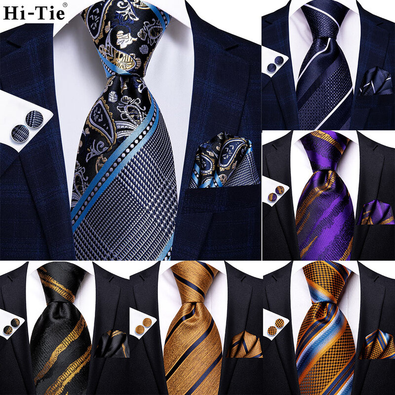 Hi-Tie Navy Blue Striped Silk Wedding Tie For Men Fashion Design Gift Men Necktie Hanky Cufflink Set Business Party Dropshiping