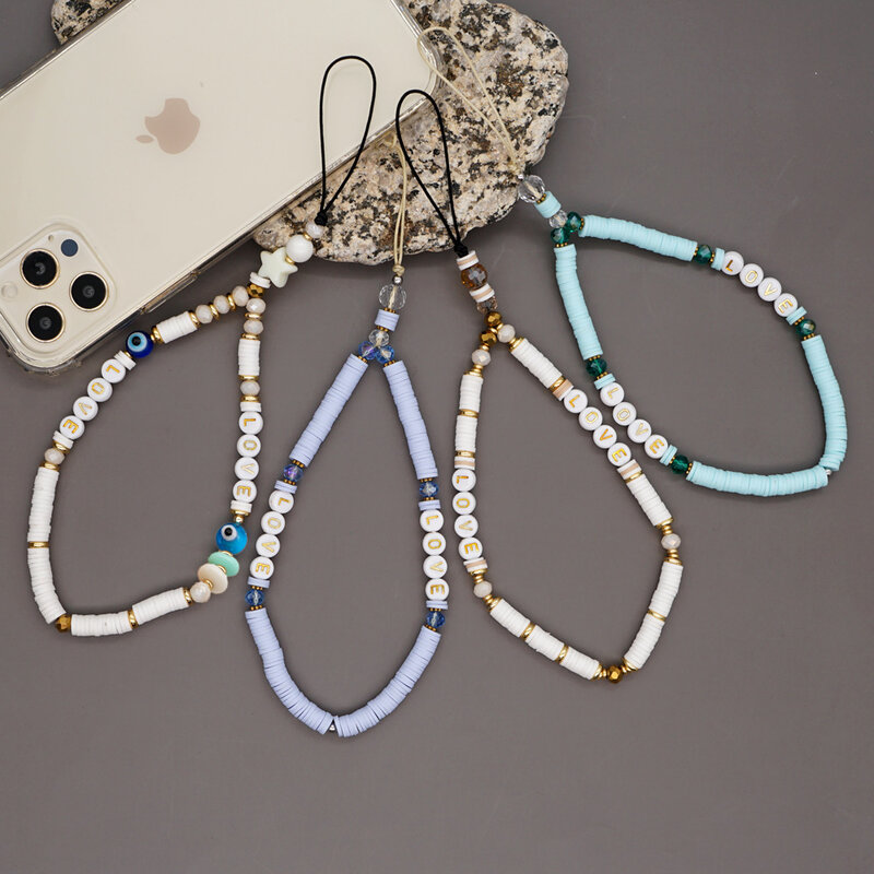Pulseira de telefone móvel de argila de polímero boêmio minimalista para mulheres arco-íris carta contas amor cinto de corrente telefone jóias cordão novo