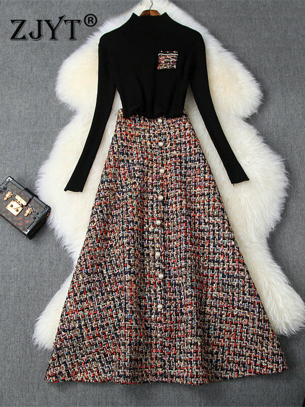 Moda damska jesienno-zimowa 2 sukienka zestaw kobiece stroje imprezowe czarny sweter Top i długa tweedowa wełniana spódnica garnitur Twinset