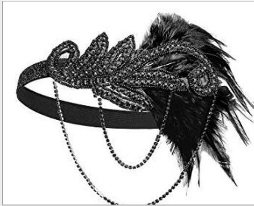 Diadema con cuentas de plumas del gran Gatsby, accesorios para disfraces de los años 1920, tocado de aleta desnuda, cadena de diadema