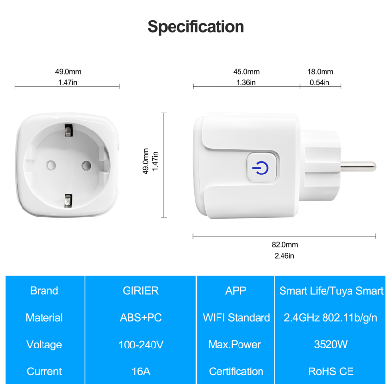 EU Smart WiFi Plug Power com Monitor de Energia, Tomada Sem Fio, Funciona com Alexa, Google Home, Tuya App, 16A