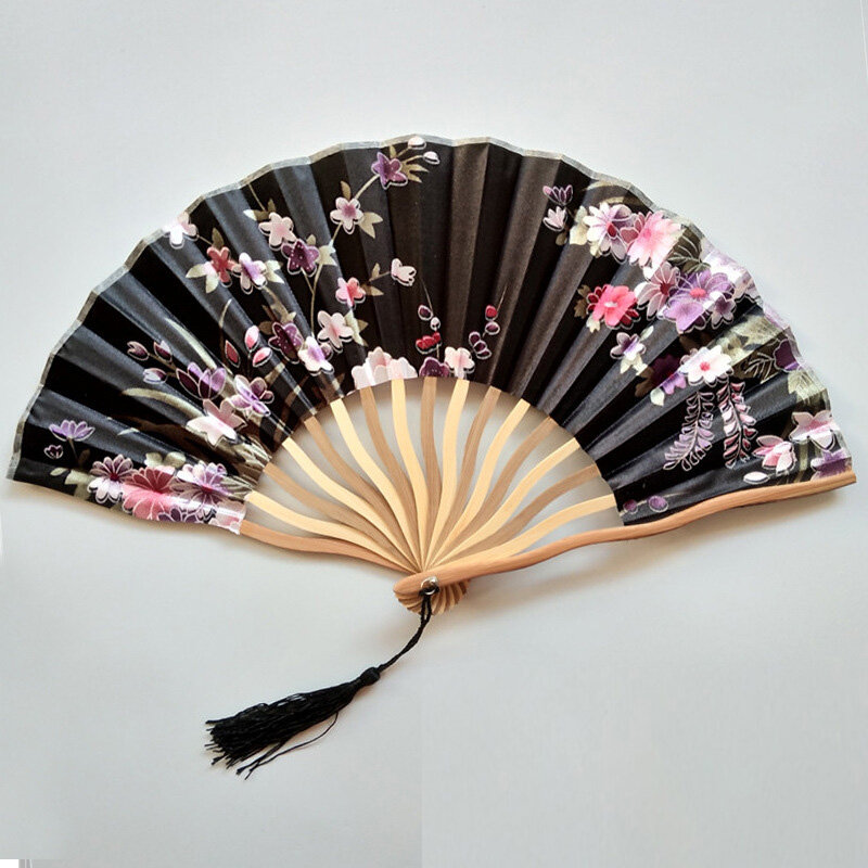 Bambu Vintage warna-warni lipat tangan memegang kipas bunga gaya Cina pesta dansa saku hadiah pernikahan Anime kostum Halloween