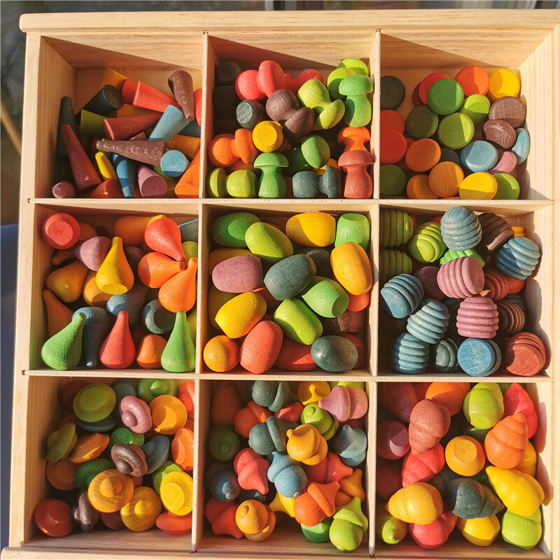 Kinderen Houten Rainbow Mandala Blok Montessori Losse Onderdelen Speelgoed Paddestoelen Honingraat Druppeltjes Bamboescheuten Eikels Boom Kegels