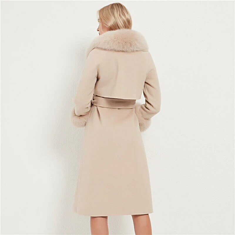 Pudi-abrigo de piel auténtica para mujer, Chaqueta larga con cuello de piel de zorro, mezclas de lana, CT034