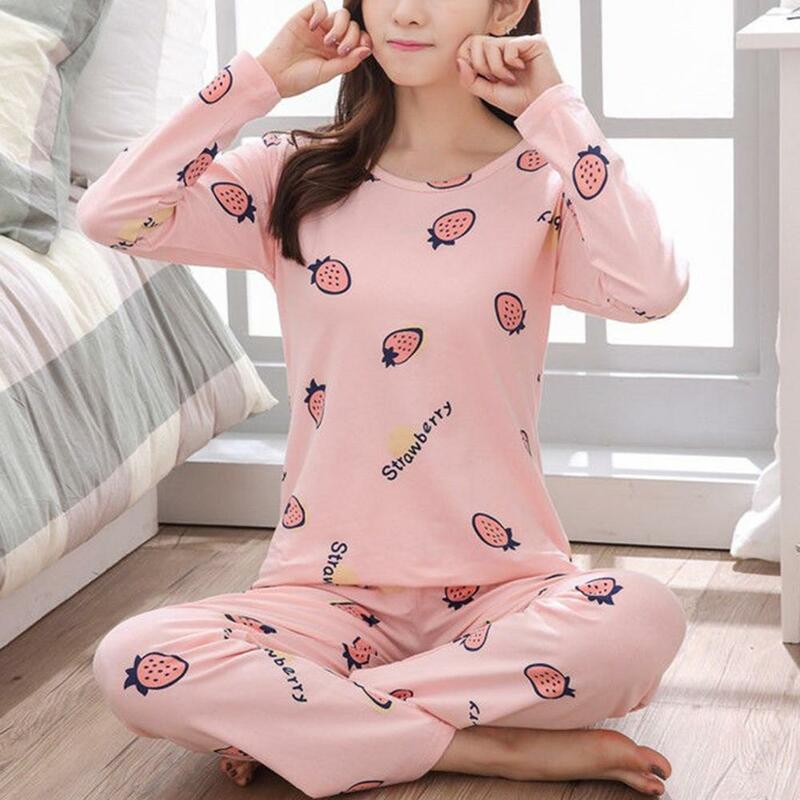 Pijama bonito estampado de gato de dibujos animados de invierno de manga larga de dos piezas ropa de casa mujeres Casual pijamas cuello redondo primavera otoño ropa de dormir conjunto