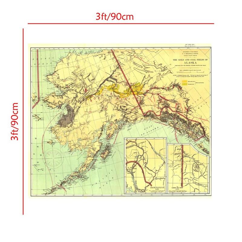 Edisi 1898 Vintage Dekorasi Peta Dekorasi Dinding Lukisan Emas dan Batu Bara Bidang ALASKA 90X90Cm Spray lukisan untuk Ruang Tamu