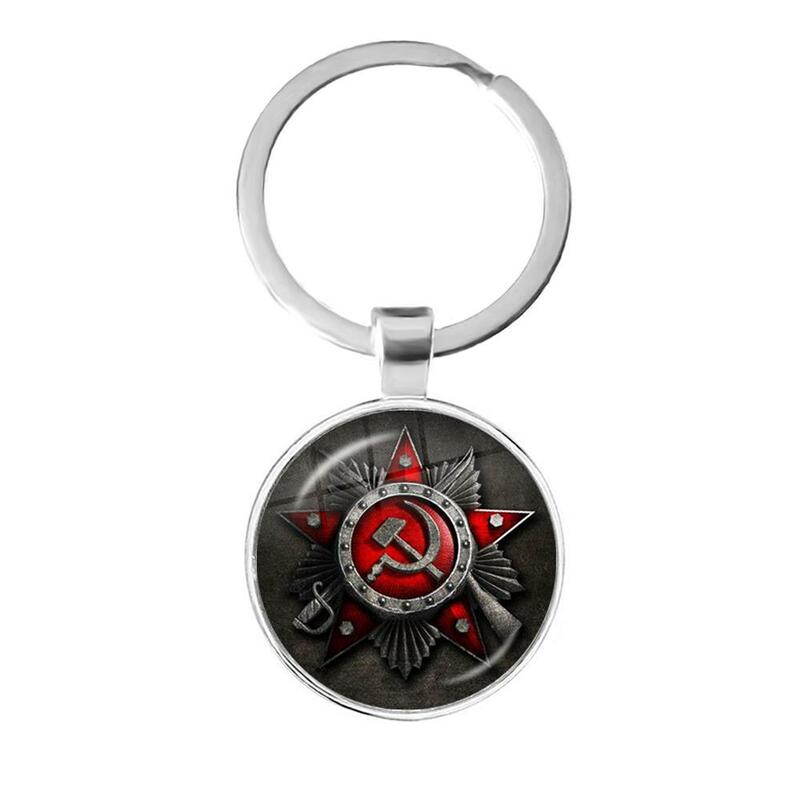 CCCP 소련 소련 군대 레드 스타 키 체인 유리 카보 숑 아트 라운드 러시아 배지 로고 펜던트 열쇠 고리 친구를위한 보석 선물