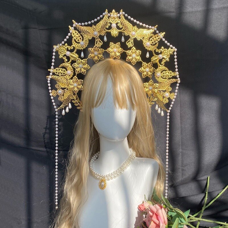 Lolita-collar de corona de Ángel, diosa del sol, Halo, corona, tocado de Reina Anna, Perla Barroca, Tiara, diadema, accesorios góticos