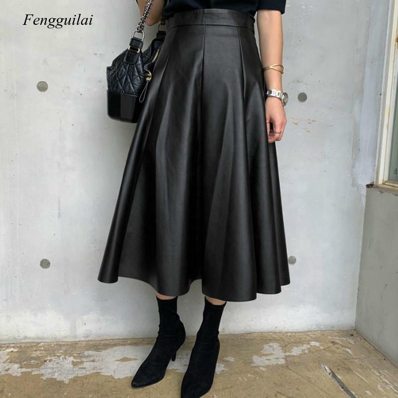 Black Solid Pu Leather Elegant Midi Skirt Women 2021 Spring High Waist Office Ladies a Line Flared Skirts Faux Leather