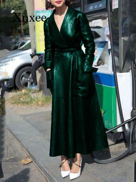 Mantel Kulit Imitasi Retro Musim Gugur Jaket Panjang Wanita Pemecah Angin Kulit Imitasi Ukuran Besar Mantel Retro Wanita Mode Baru