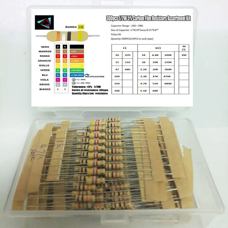 Carbono filme metal resistores sortimento Kit Set, 30 Valores, 10Ohm, 1, 2W, 5%, Hot Sale, 300Pcs, Novo
