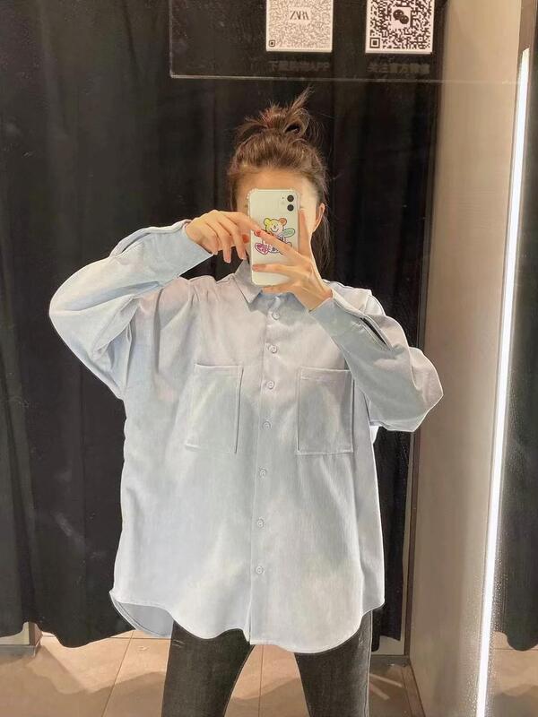Винтажная Вельветовая блузка с большими карманами в английском стиле, Женская длинная блуза с большими карманами, женские топы, модель 2020