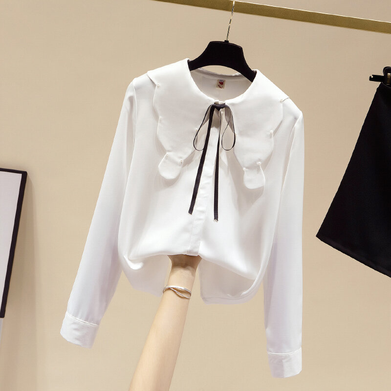 Camisa feminina chiffon de manga comprida, camisa para mulheres nova moda coreana 2021 com laço, gola boneca com manga comprida