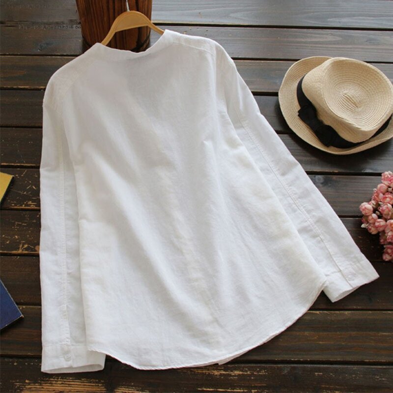Blusa de linho de algodão de bolso feminino, camisa casual com gola V, camisa de manga longa, roupa de abotoar, 2021