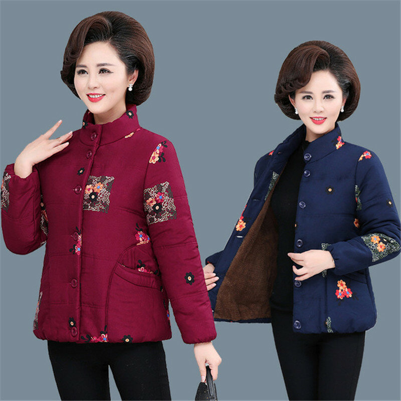 Middle-aged Cotton Coat Printed  Coat Winter Plus Velvet Thickening Keep Warm Cotton Jacket Outerwear Mother Loaded