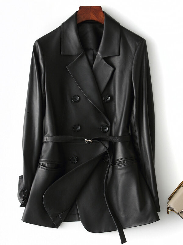 Nerazzurri czarna sztuczna skóra Blazer kobiety z długim rękawem pas skórzana kurtka kobiety 5xl 6xl 7xl nowości 2022 odzież damska