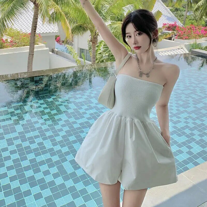 Macacão feminino sexy senhoras verão sem mangas praia wear casual perna larga all-match férias bolsos design de cintura alta coreano chique