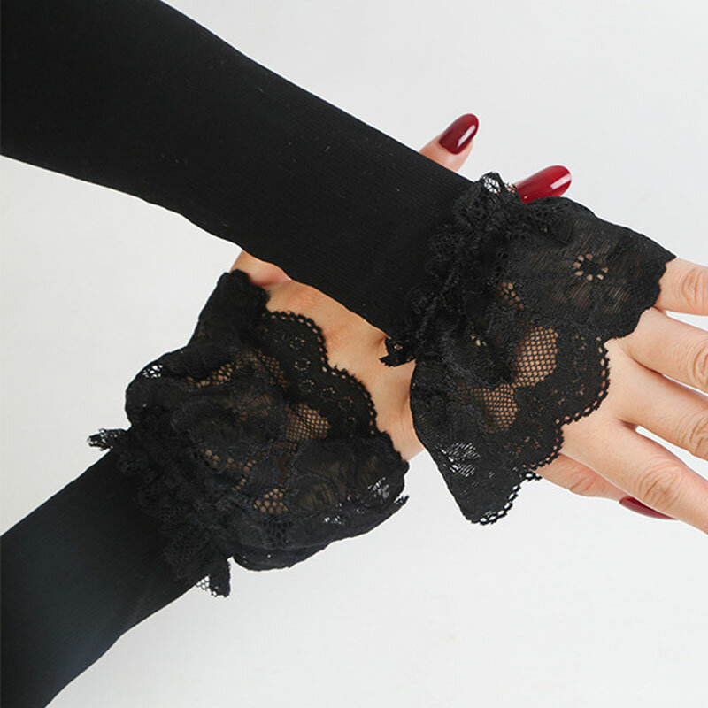 伸縮性のある袖の女性用手袋,1ペア,長い指なし,光沢のあるシルクレース,夏の日焼け止め用