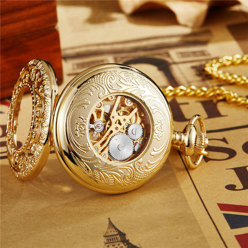 Relógio de bolso mecânico de steampunk, antigo, colar de esqueleto, corrente para homens e mulheres, corrente esculpida por vento