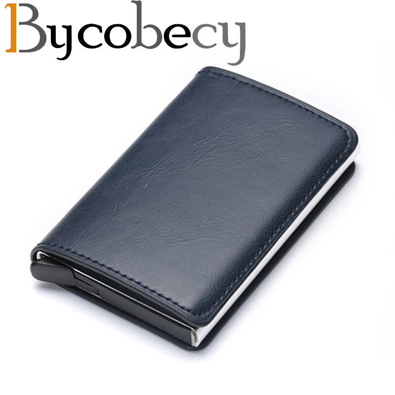 Bycobecy-男性用の革製名刺ホルダー,クレジットカードまたはクレジットカード用の自動RFIDカードホルダー,アルミニウムボックス